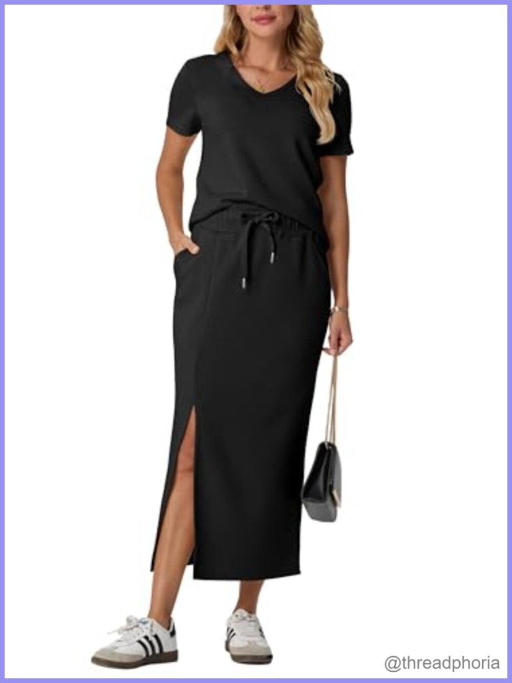 Womens 2 Piece Midi Skirt Set V-Neck Short Sleeve Top Pockets Wrinkle-Free